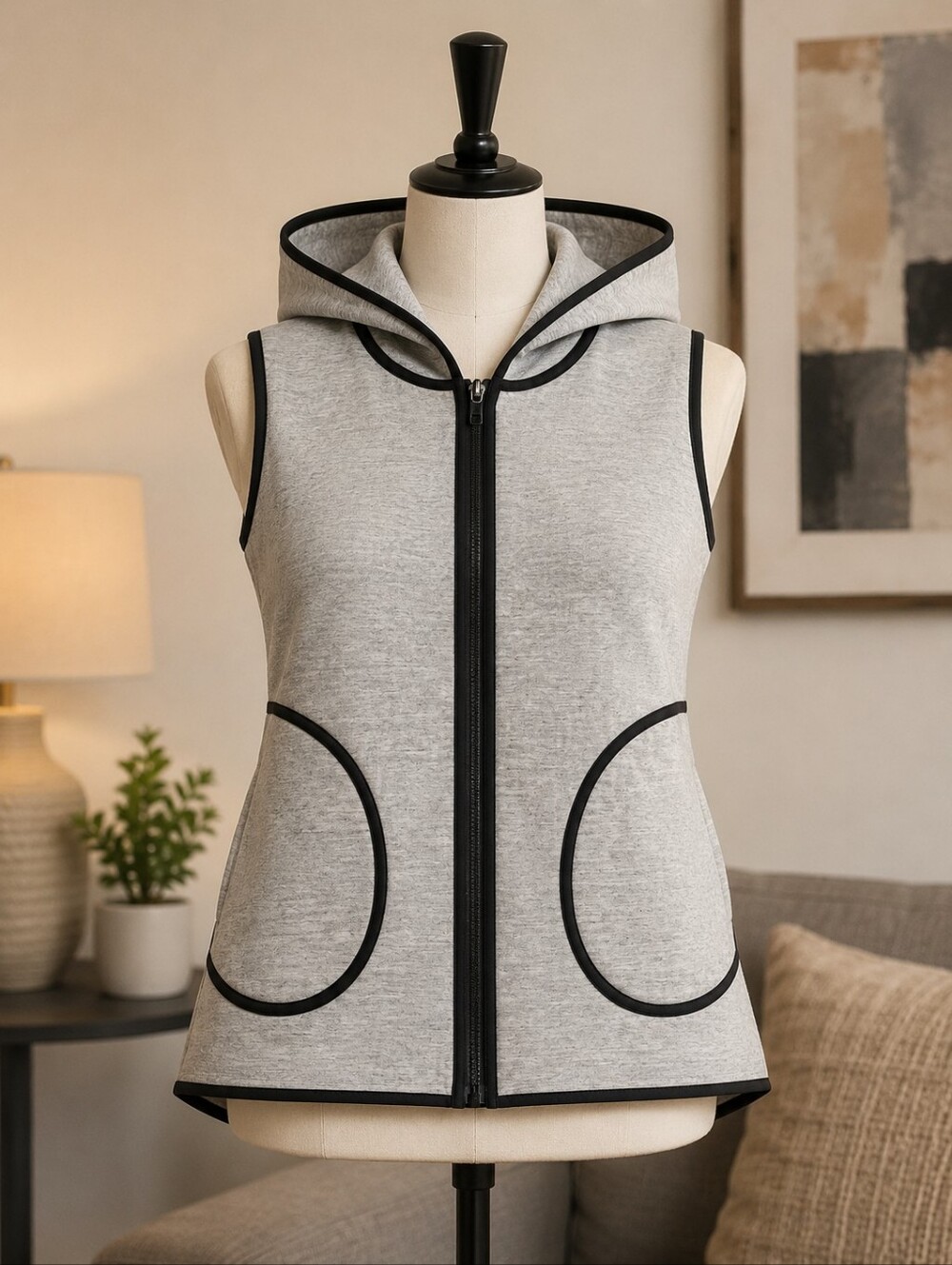 lululemon athletica Light Gray Sleeveless Hooded Zip Vest with Black Trim